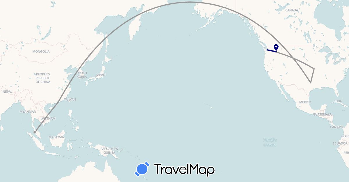 TravelMap itinerary: driving, plane in China, Malaysia, United States (Asia, North America)